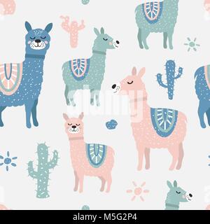 Childish seamless pattern with cute llama and cactus. Creative texture for fabric Stock Vector