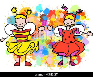 Stickman Kids Bee and Ladybug, Hand-drawn sketches doodles in beautiful outfits and costumes. Happy childhood icons. Stock Vector