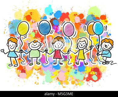 Happy kids together with balloons. Hand-drawn sketches doodles in beautiful outfits and costumes. Happy childhood icons. Stock Vector