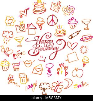 Happy birthday lettering and doodles. Hand-drawn sketches. Happy childhood icons. Stock Vector