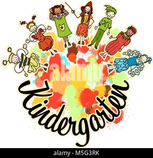 Kindergarten invitation with kids in costumes. Hand-drawn sketches doodles in beautiful outfits and costumes. Happy childhood icons. Stock Vector