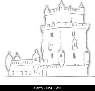 Lisbon Portugal Belem Tower Sketch. Line Art drawing by hand. Travel design, architecture icon for greeting card, vector background. Stock Vector