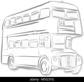 London Bus Black and White Sketch. Line Art drawing by hand. Travel design, architecture icon for greeting card, vector background. Stock Vector