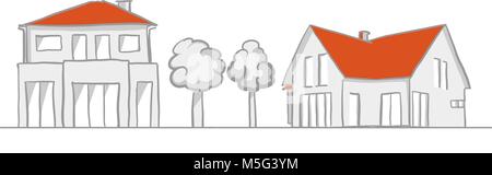 Small House and Garden Sketch. Line Art drawing by hand. Travel design, architecture icon for greeting card, vector background. Stock Vector