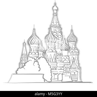 Moscow Saint Basils Cathedral Sketch. Line Art drawing by hand. Travel design, architecture icon for greeting card, vector background. Stock Vector