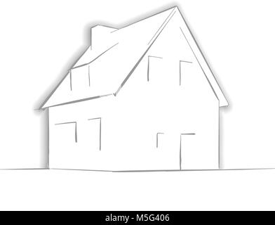 Little House Drawing by Hand. Line Art architecture icon for greeting card, vector background. Stock Vector