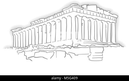 Greece Acropolis Temple Sketch. Line Art drawing by hand. Travel design, architecture icon for greeting card, vector background. Stock Vector