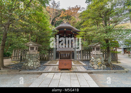 Shirahata Jinja (White Flag shrine). Black painted shinto sub shrine of the Hachiman-gu Shrine in Kamakura. dedicated to Minamoto Yoritomo and Minamot Stock Photo