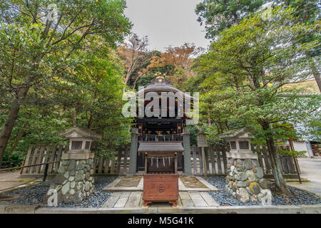 Shirahata Jinja (White Flag shrine). Black painted shinto sub shrine of the Hachiman-gu Shrine in Kamakura. dedicated to Minamoto Yoritomo and Minamot Stock Photo