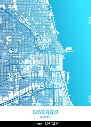 Chicago downtown and surroundings Map in blue shaded version with many details. This map of Chicago contains typical landmarks with room for additiona Stock Vector