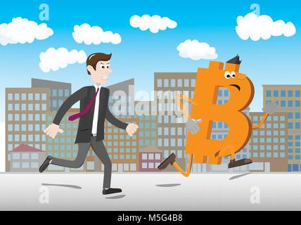 Digital currency - Furious businessman chasing a Bitcoin. Elements is grouped and divided into layers. Stock Vector