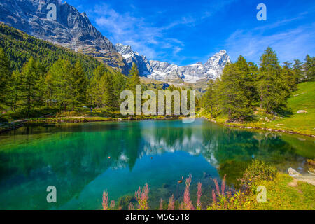 View of the Blue lake (Lago Blu) near Breuil-Cervinia and Cervino Mount (Matterhorn) in Val D'Aosta,Italy Stock Photo