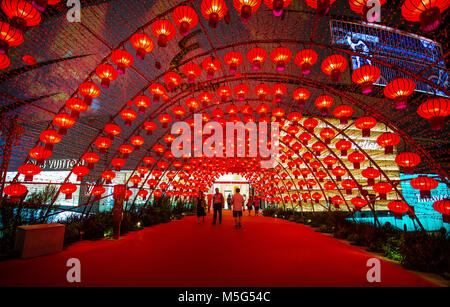 BANGKOK, THAILAND - FEBRUARY 09, 2017 - Colorful red Chinese lanterns shine for New Year, hanging for decorated, in Bts sky train Station Phrom Phong, Stock Photo