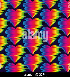 Seamless pattern glitch rainbow hearts, vector Stock Vector