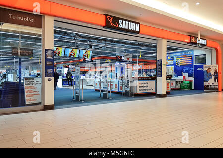 Krakow, Poland - February 21, 2018: Exterior view of The Saturn Market. Saturn is a German chain of stores selling consumer electronics with numerous  Stock Photo