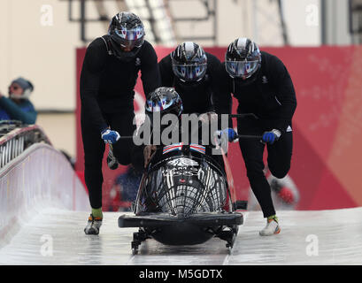 Great Britain's Lamin Deen during Bobsleigh training at the Olympic Sliding Centre during day fourteen of the PyeongChang 2018 Winter Olympic Games in South Korea. Stock Photo