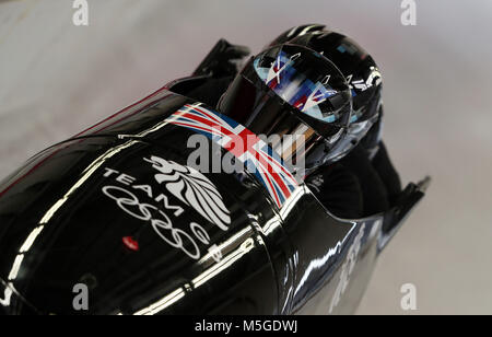 Great Britain's Lamin Deen during Bobsleigh training at the Olympic Sliding Centre during day fourteen of the PyeongChang 2018 Winter Olympic Games in South Korea. Stock Photo