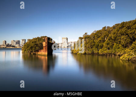 SS Ayrfield Shipwreck on Parramatta River in long exposure Stock Photo