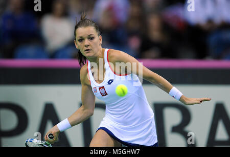 KRAKOW, POLAND - FEBRUARY, 7, 2015: Agnieszka Radwanska during tennis cup Fed Cup Poland Russia Stock Photo