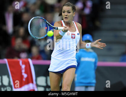 KRAKOW, POLAND - FEBRUARY, 7, 2015: Agnieszka Radwanska during tennis cup Fed Cup Poland Russia Stock Photo