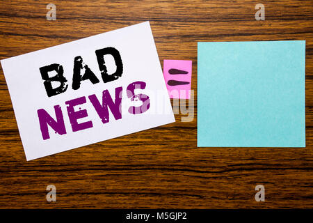 Handwriting Announcement text showing Bad News. Business concept for Failure Media Newspaper written on sticky note paper wooden background. Equation  Stock Photo