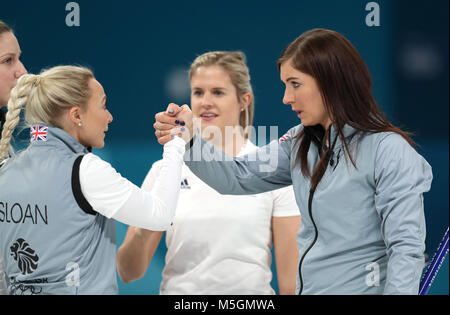 Great Britain skipper Eve Muirhead (right) celebrates with team mate Anna Sloan (right) during the Women's Semi-Final against Sweden at the Gangneung Curling Centre during day fourteen of the PyeongChang 2018 Winter Olympic Games in South Korea. Stock Photo