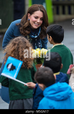 The Duchess of Cambridge visits Roe Green Junior School where she will meets with pupils and teachers and takes part in a lesson designed to help support a child's mental health and well-being  Featuring: Catherine Duchess of Cambridge, Catherine Middleton, Kate Middleton Where: London, United Kingdom When: 23 Jan 2018 Credit: John Rainford/WENN.com Stock Photo