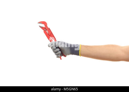 Pipe wrench. Hand holding a pipe wrench on white background Stock Photo