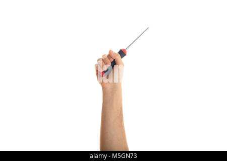 Hand with a manual screwdriver on white background, Stock Photo