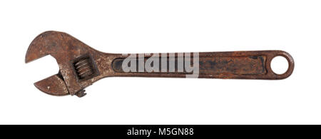 Old rusty wrench isolated on white background, top view Stock Photo