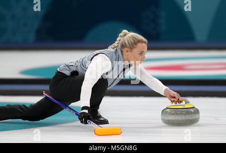 Great Britain's Anna Sloan during the Women's Semi-Final against Sweden at the Gangneung Curling Centre during day fourteen of the PyeongChang 2018 Winter Olympic Games in South Korea. Stock Photo