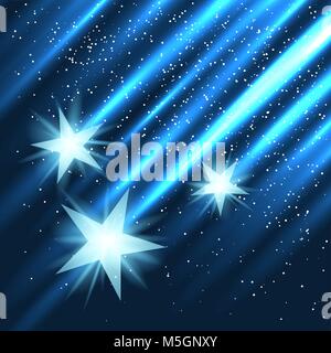 Star fall on blue light rays background. Three abstract stars with glow lights beam falling in dark. Fantasy space galaxy shape design Stock Vector