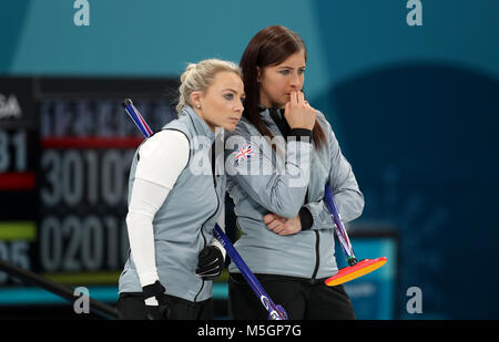 Great Britain's (left-right) Anna Sloan and skipper Eve Muirhead during the Women's Semi-Final against Sweden at the Gangneung Curling Centre during day fourteen of the PyeongChang 2018 Winter Olympic Games in South Korea. Stock Photo