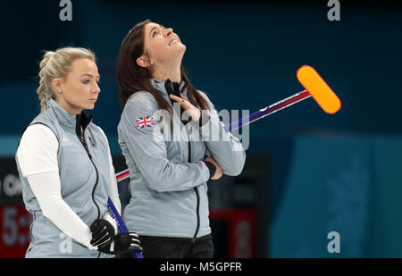 Great Britain's (left-right) Anna Sloan and skipper Eve Muirhead appear dejected after defeat during the Women's Semi-Final against Sweden at the Gangneung Curling Centre during day fourteen of the PyeongChang 2018 Winter Olympic Games in South Korea. Stock Photo