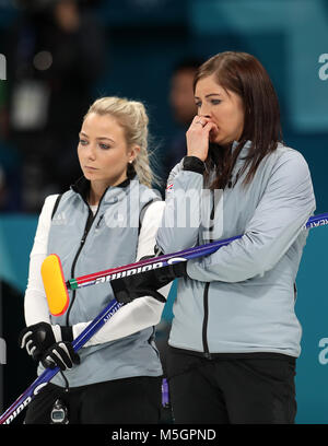 Great Britain's (left-right) Anna Sloan and skipper Eve Muirhead appear dejected after defeat during the Women's Semi-Final against Sweden at the Gangneung Curling Centre during day fourteen of the PyeongChang 2018 Winter Olympic Games in South Korea. Stock Photo