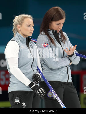 Great Britain's (left-right) Anna Sloan and skipper Eve Muirhead appear dejected after defeat during the Women's Semi-Final against Sweden at the Gangneung Curling Centre during day fourteen of the PyeongChang 2018 Winter Olympic Games in South Korea. Stock Photo