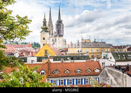 Cityscape Zagreb with cathedral and Saint Mark's church, capital city of Croatia Stock Photo
