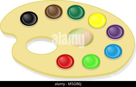 Palette with paints and brush isolated on white background Stock Vector