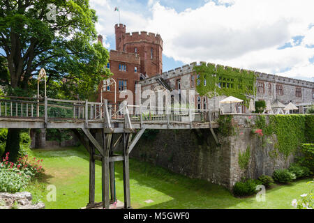 Ruthin Castle hotel gardens and wooden walkway in North Wales Stock Photo