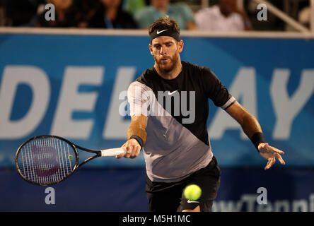 February 22, 2018: Frances Tiafoe, from USA, plays a backhand against Juan  Martin del Potro, from Argentina, during the 2018 Delray Beach Open ATP  professional tennis tournament, played at the Delray Beach