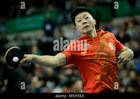 London, UK. 23rd Feb, 2018. Ma Long of China competes against Ruwen Filus of Germany in the quarterfinals during the ITTF Team World Cup at the Copper Box Arena in London, Britain on Feb. 23, 2018. China won 3-0 and advanced to the semifinal. Credit: Tim Ireland/Xinhua/Alamy Live News Stock Photo