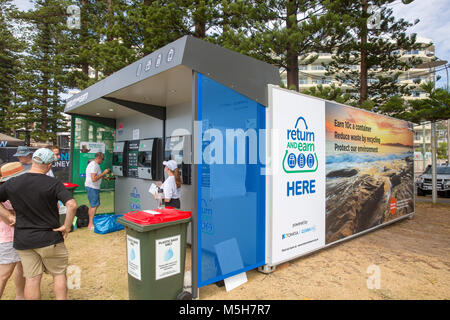 The NSW Government continues to roll out its container deposit scheme known as Return and Earn, where 10c can be earned or donated to charity for each elligible plastic or cardboard carton that is recycled at the 400 return and earn depots across the State, Saturday 24th February 2018. Stock Photo