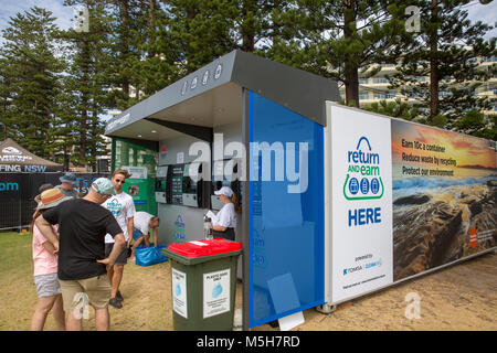 The NSW Government continues to roll out its container deposit scheme known as Return and Earn, where 10c can be earned or donated to charity for each elligible plastic or cardboard carton that is recycled at the 400 return and earn depots across the State, Saturday 24th February 2018. Stock Photo