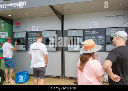 The NSW Government continues to roll out its container deposit scheme known as Return and Earn, where 10c can be earned or donated to charity for each elligible plastic or cardboard carton that is recycled at the 400 return and earn depots across the State, Saturday 24th February 2018. Stock Photo