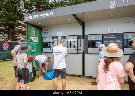 The NSW Government continues to roll out its container deposit scheme known as Return and Earn, where 10c can be earned or donated to charity for each elligible plastic or cardboard carton that is recycled at the 400 return and earn depots across the State, Saturday 24th February 2018. Stock Photo