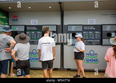 The NSW Government continues to roll out its container deposit scheme known as Return and Earn, where 10c can be earned or donated to charity for each elligible plastic or cardboard carton that is recycled at the 400 return and earn depots across the State, Saturday 24th February 2018. Stock Photo