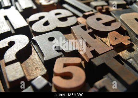 a closeup photograph of a variety of different typefaces in wooden letterpress Stock Photo