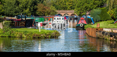 Moored Canal narrow boats on the Staffordshire & Worcestershire Canal at Greensforge. Stock Photo