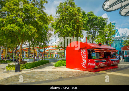 SINGAPORE, SINGAPORE - FEBRUARY 01, 2018: Outdoor view of a hut of coca cola drinks inside of Universal Studios in Singapore is a theme park located w Stock Photo