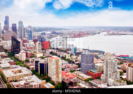 Aerial view of downtown Seattle skyline and metro area, a city on Puget Sound in the Pacific Northwest of the United States. Stock Photo